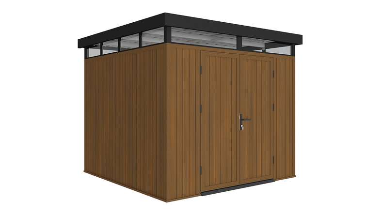 planeo WPC CoEx Casetta da giardino con tetto piano M - Teak birmano 250 x 250 x 226,5 cm