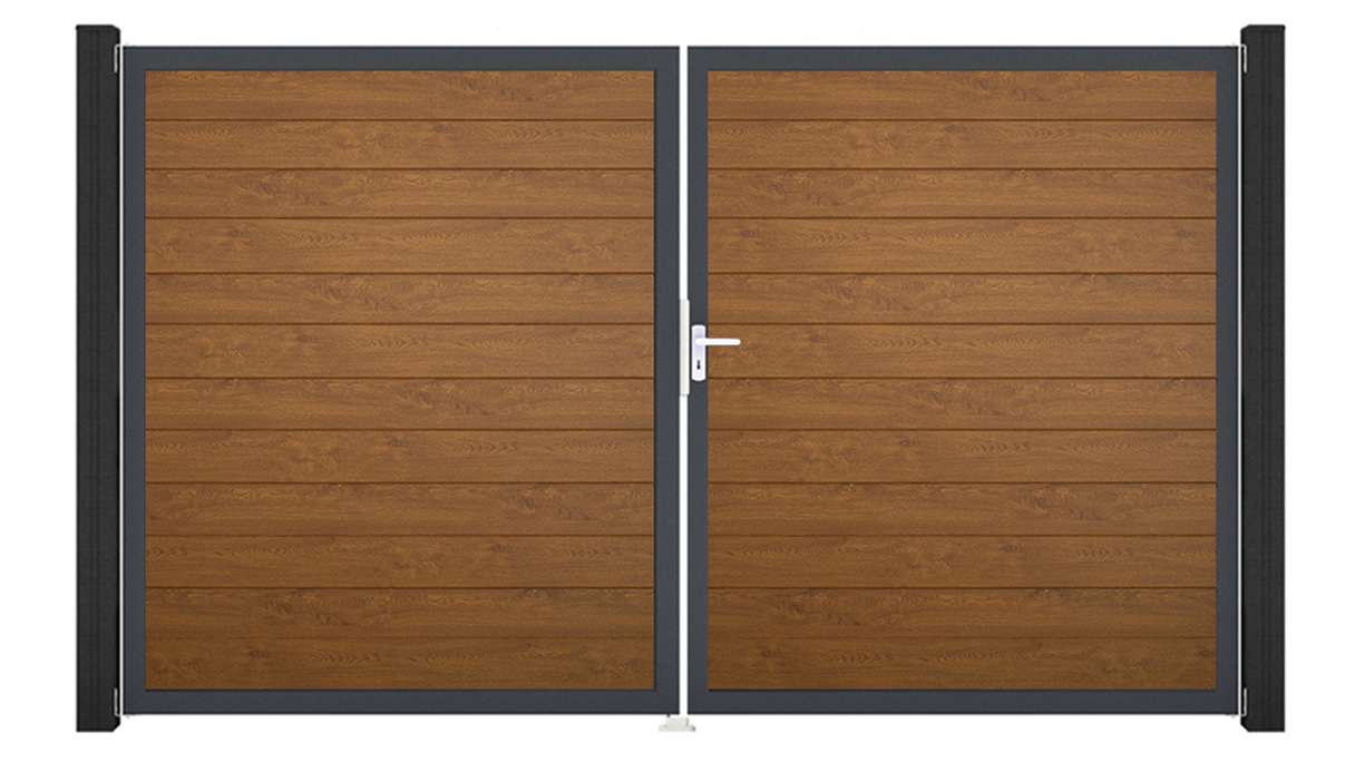 planeo Gardence Simply Small - Portail en PVC à deux vantaux, couleur Golden Oak, avec cadre en aluminium, 300 x 180 cm