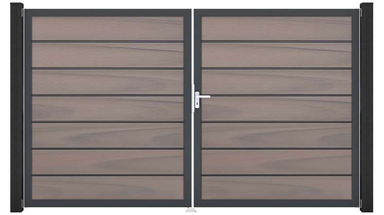 planeo Gardence Deluxe - Portail BPC - À deux vantaux, bicolore, co-extrudé, avec cadre en aluminium