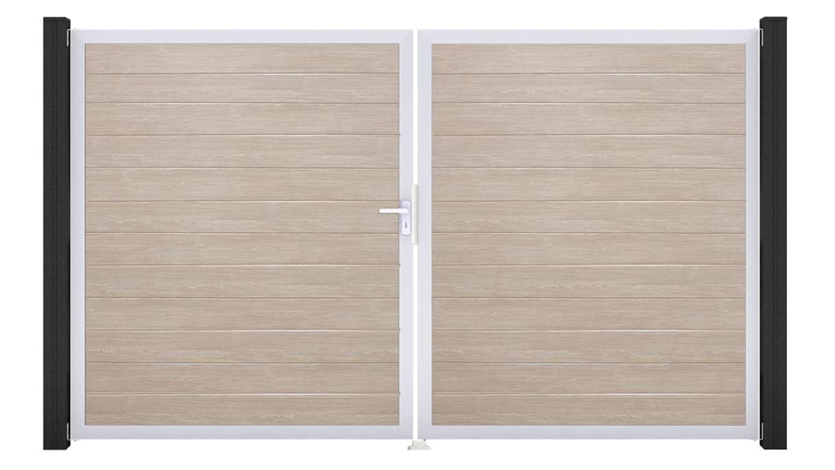 planeo Gardence Simply Small - Portail en PVC à deux vantaux, coloris Sheffield Oak, avec cadre en aluminium, 300 x 180 cm