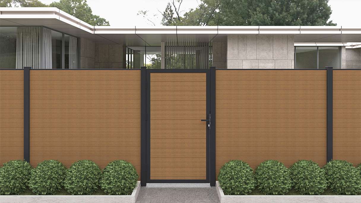 planeo INFINITY - WPC CoEx Universaltor Burma Teak mit Anthrazit Alurahmen 100 x 180 cm