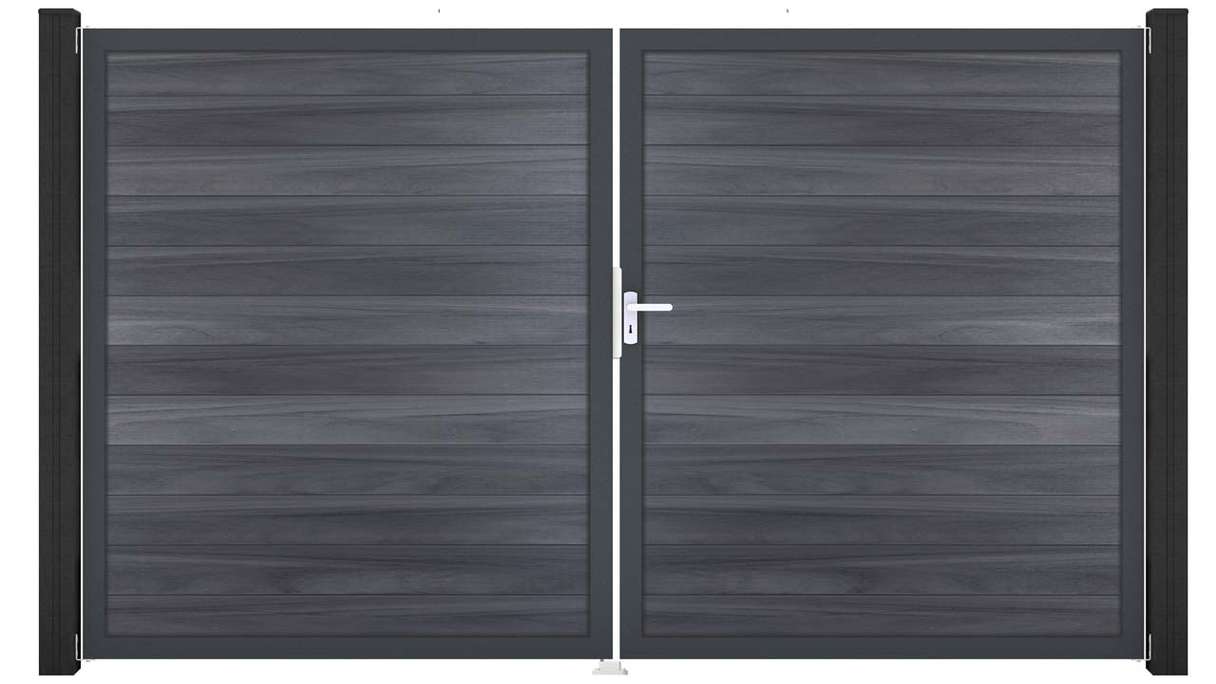 planeo Gardence Strong - Cancello BPC - a 2 ante, grigio pietra, co-ex con telaio in alluminio