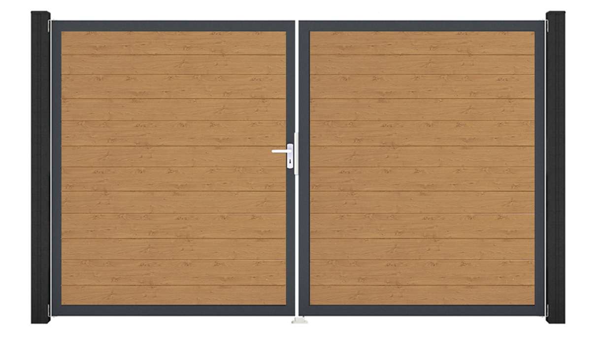 planeo Gardence Simply Small - Portail en PVC à deux battants, finition chêne naturel, avec cadre en aluminium, 300 x 180 cm