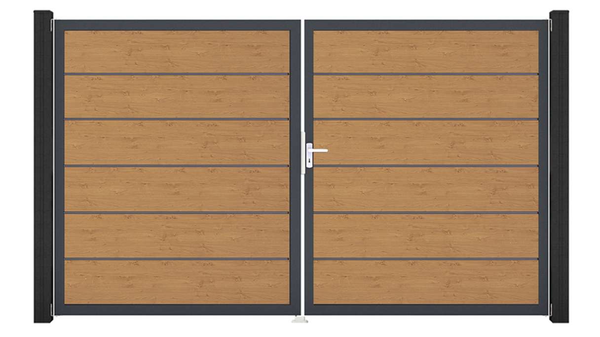 planeo Gardence Simply Premium - Portail en PVC à deux vantaux, finition chêne naturel, avec cadre en aluminium, 300 x 180 cm