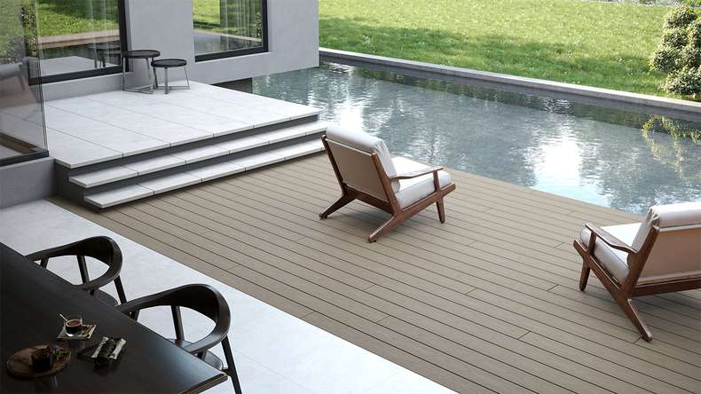 planeo CoEXWood Lame de terrasse WPC massif enrobé - gris/ciment 4.8m structuré
