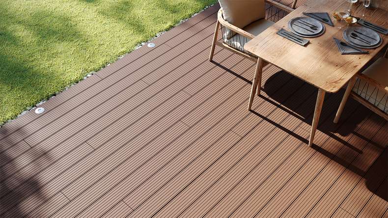 planeo LineWood WPC Pannello per decking solido - marrone chiaro scanalato/scanalato