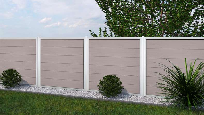 planeo Gardence Guard - BPC-Gartenzaun Quadratisch Bi-Color Sand mit Alu-Rahmen in Silber