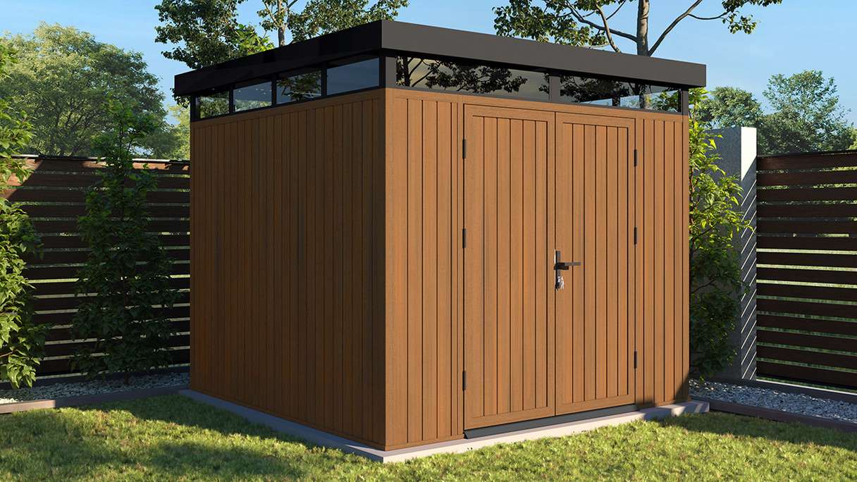 planeo WPC CoEx Flachdach Gartenhaus M - Burma Teak 250 x 250 x 226.5 cm