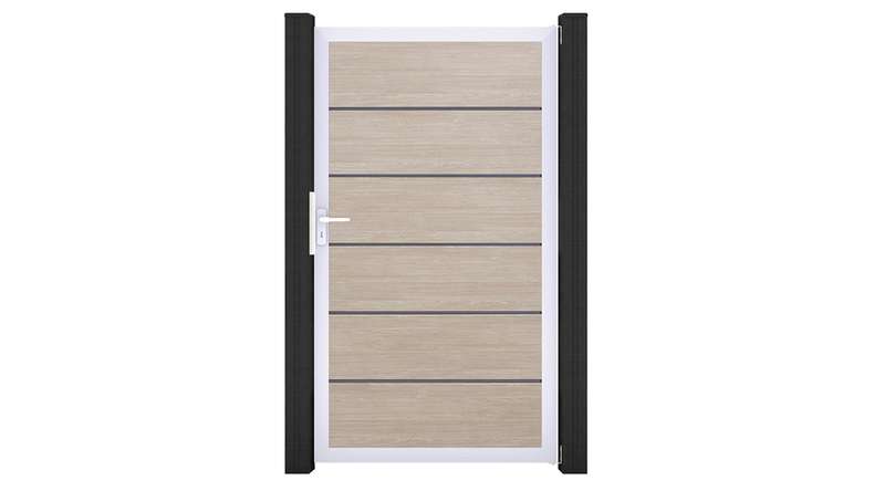 planeo Gardence Simply Premium - PVC-Universaltor Sheffield Oak mit Alu-Rahmen in Silber | EV1 100 x 180 cm 