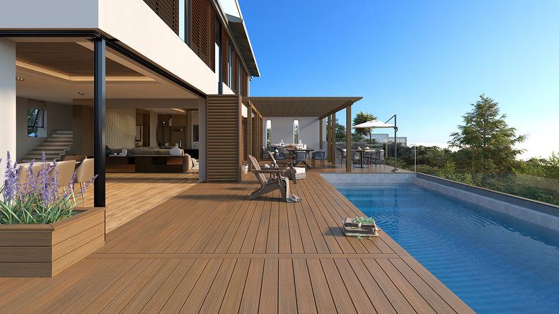 planeo UNIDeck - WPC CoEx ummantelte Terrassendiele Burma Teak 3m - strukturiert/glatt gebürstet