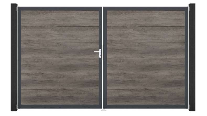 planeo Gardence Simply Guard - PVC-Tor - DIN Links 2-flügelig Monument Oak mit Anthrazit-Alurahmen | DB703 300 x 180 cm