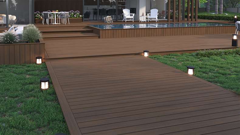 planeo WOODLine Nature - Pannello per decking rivestito in WPC CoEx a camera cava - Ipe Brown 3m strutturato/liscio spazzolato