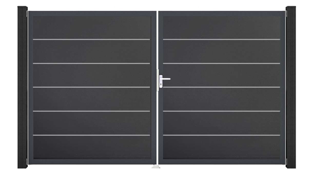 planeo Gardence Simply Premium - Portail en PVC à deux battants, gris anthracite, avec cadre en aluminium, 300 x 180 cm