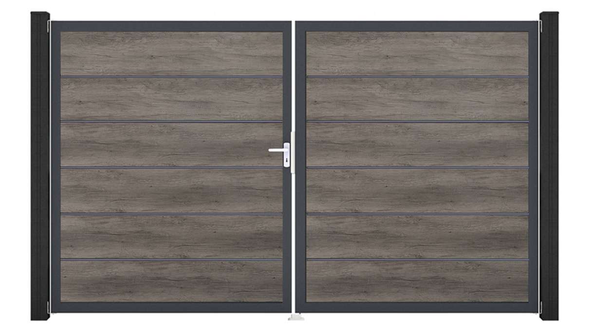 planeo Gardence Simply Premium - Cancello in PVC a 2 ante, finitura Monument Oak con telaio in alluminio, 300 x 180 cm