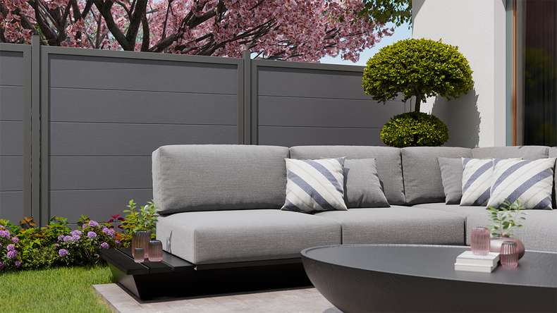 planeo Gardence Simply Guard - PVC-Gartenzaun Anthrazitgrau mit Alu-Rahmen in Anthrazit 180 x 180 cm