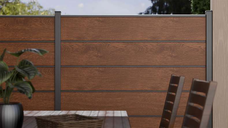 planeo Gardence Simply Premium - recinzione a innesto in PVC Rovere dorato con lesene in antracite 180 x 180 cm