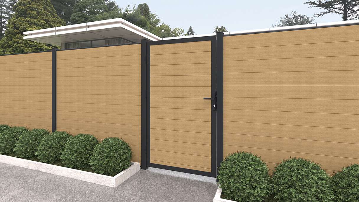 planeo INFINITY - WPC CoEx Universaltor Sand mit Anthrazit Alurahmen 100 x 180 cm