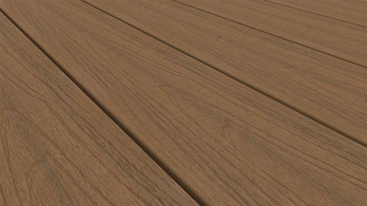 planeo WOODLine Nature - Pannello per decking rivestito in WPC CoEx a camera cava - Burma teak 3m strutturato/liscio spazzolato