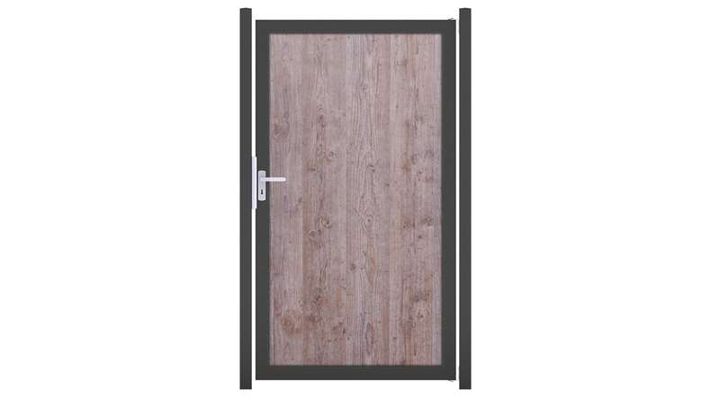 planeo Gardence Resistant - HPL-Sichtschutz Tor Holzoptik | mit DB703 Anthrazit-Alurahmen