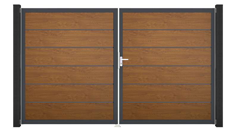 planeo Gardence Simply Premium - Cancello in PVC a 2 ante Golden Oak con telaio in alluminio 300 x 180 cm