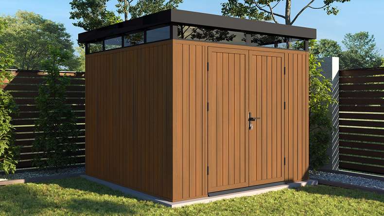 planeo WPC CoEx Casetta da giardino con tetto piano M - Teak birmano 250 x 250 x 226,5 cm