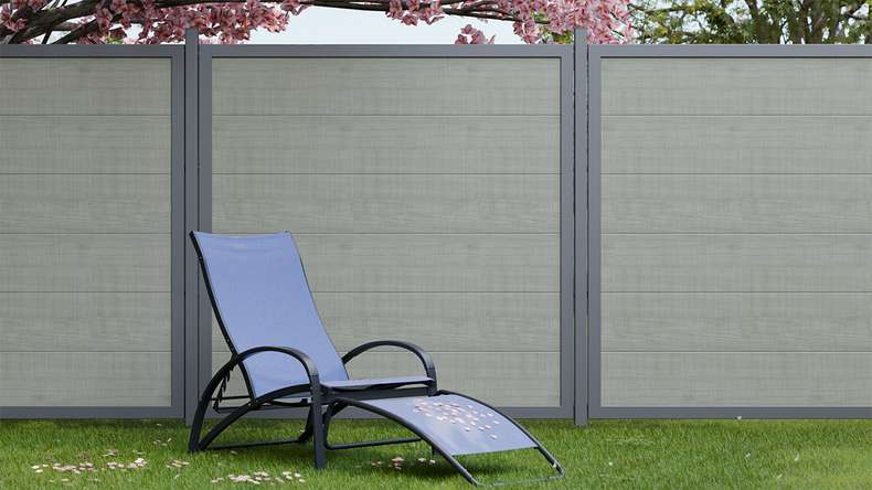 planeo Gardence Simply Guard - Recinzione da giardino in PVC Grigio Frassino Tagliato con telaio in alluminio antracite 180 x 180 cm