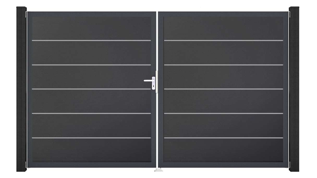 planeo Gardence Simply Premium - Portail en PVC à deux battants, gris anthracite, avec cadre en aluminium, 300 x 180 cm