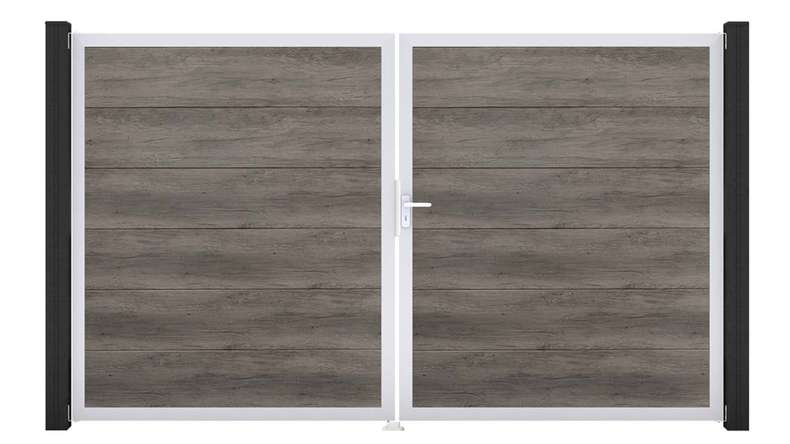 planeo Gardence Simply - Portail en PVC à deux vantaux, coloris Monument Oak, avec cadre en aluminium