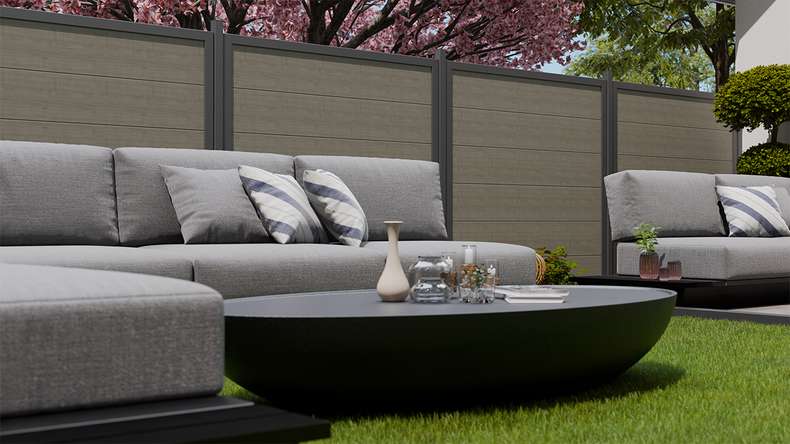 planeo Gardence Simply Guard - Recinzione da giardino in PVC Grigio Frassino Tagliato con telaio in alluminio antracite 180 x 180 cm