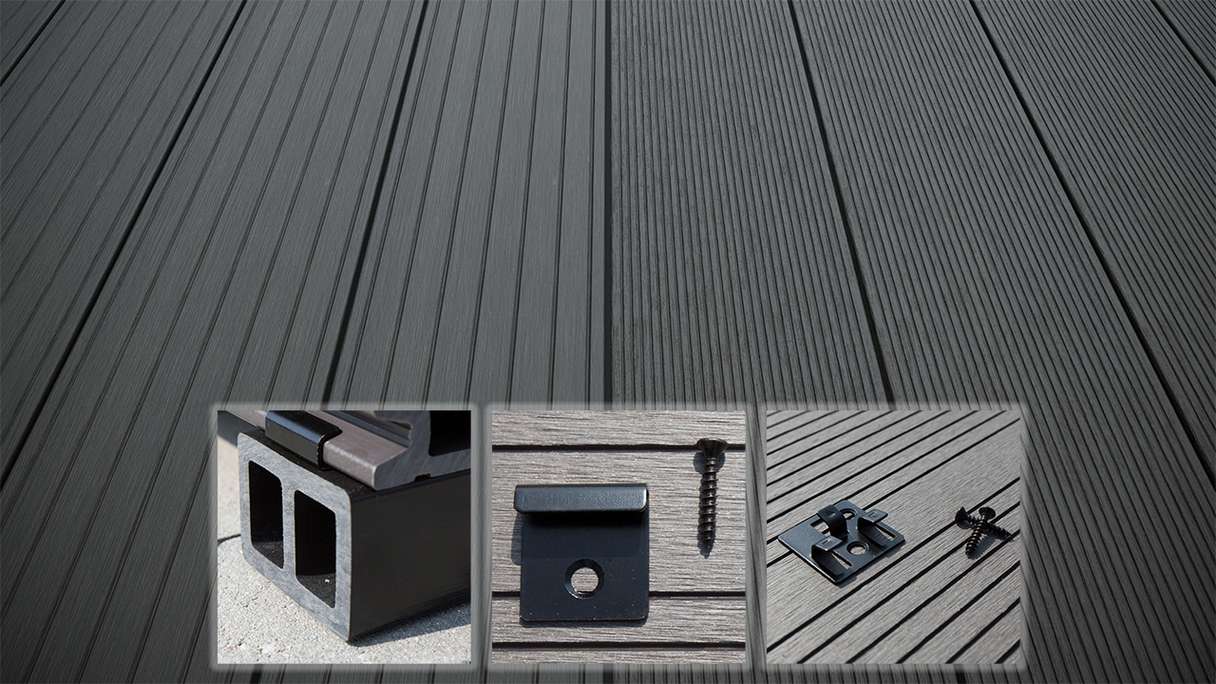 planeo LightWood Kit complet de terrasse WPC à lames creuses - gris foncé rainuré/cannelé