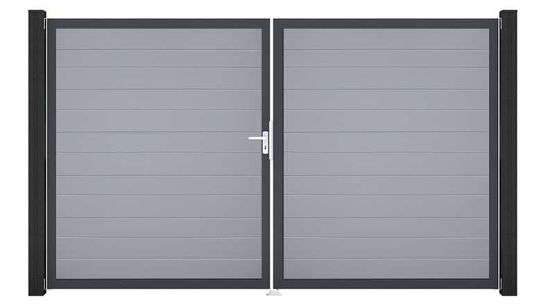 planeo Gardence Simply Small - PVC-Tor - DIN Links 2-flügelig Silbergrau mit Anthrazit-Alurahmen | DB703 300 x 180 cm