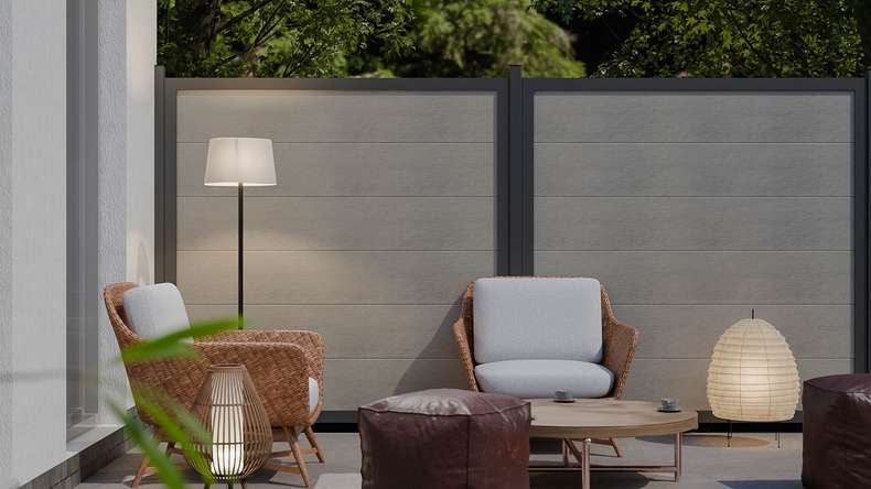 planeo Gardence Guard - Clôture composite Carré Bi-Color Sable avec cadre en aluminium Anthracite