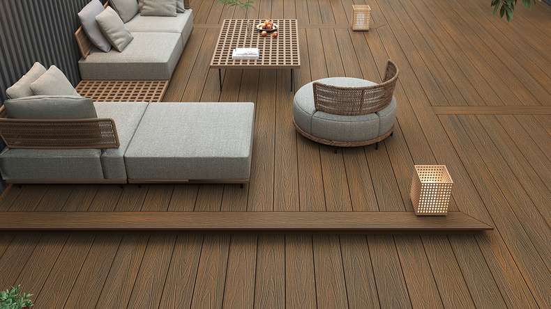 planeo MAXLine Nature - WPC CoEx lame de terrasse XL gainée chambre creuse - Burma Teak 3m structuré/lisse brossé