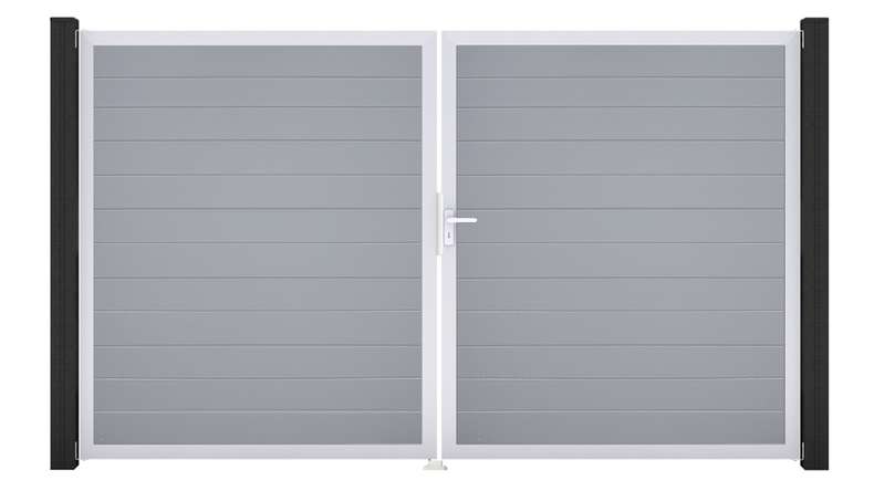 planeo Gardence Simply Small - Portail en PVC à deux vantaux, gris argenté, avec cadre en aluminium, 300 x 180 cm