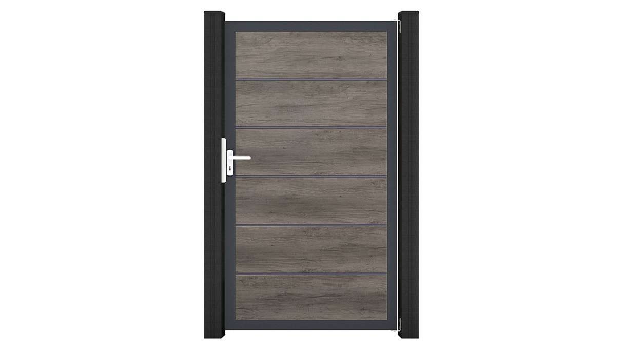 planeo Gardence Simply Premium - Cancello universale in PVC Monument Oak con telaio in alluminio 100 x 180 cm