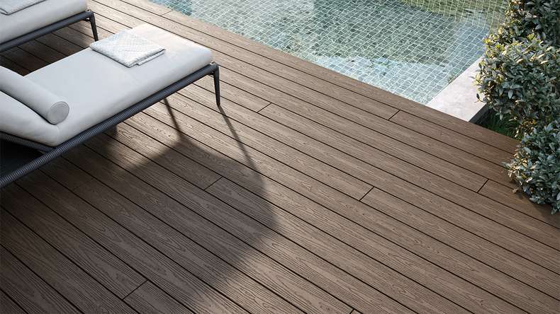 planeo CoEXWood Kit complet de terrasse en WPC Plancher massif - brun clair/brun foncé structuré