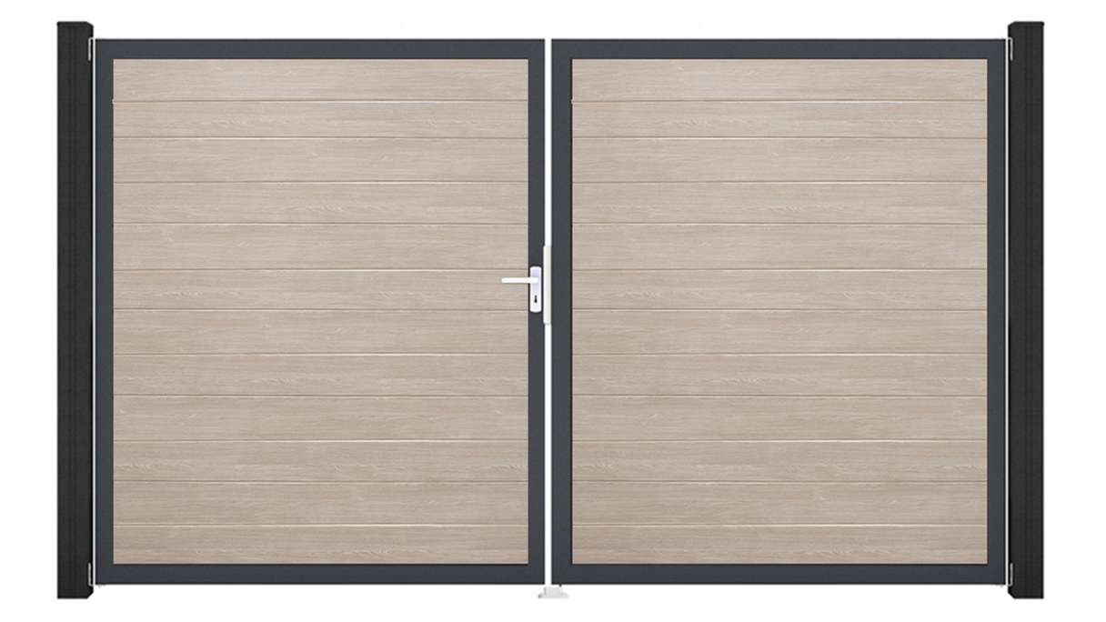 planeo Gardence Simply Small - Portail en PVC à deux vantaux, coloris Sheffield Oak, avec cadre en aluminium, 300 x 180 cm