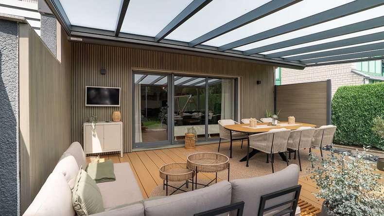 planeo MAXLine Nature - WPC CoEx lame de terrasse XL gainée chambre creuse - sable 3m structuré/lisse brossé