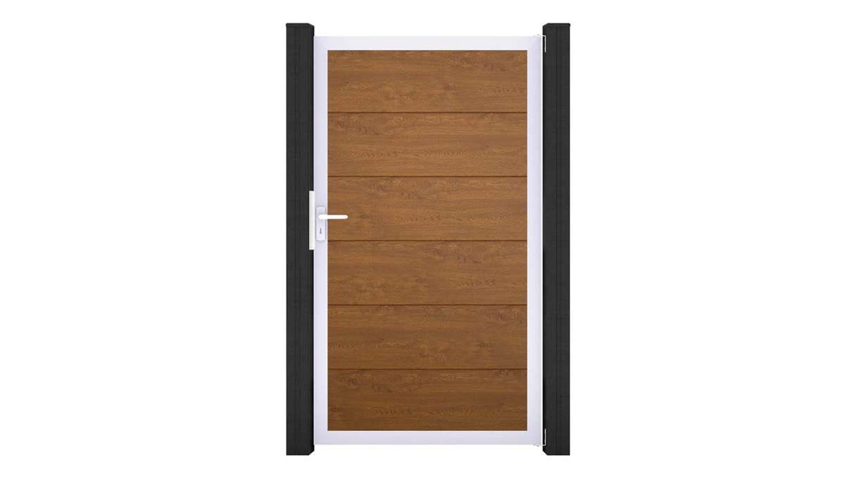 planeo Gardence Simply - Cancello universale in PVC Golden Oak con telaio in alluminio 100 x 180 cm