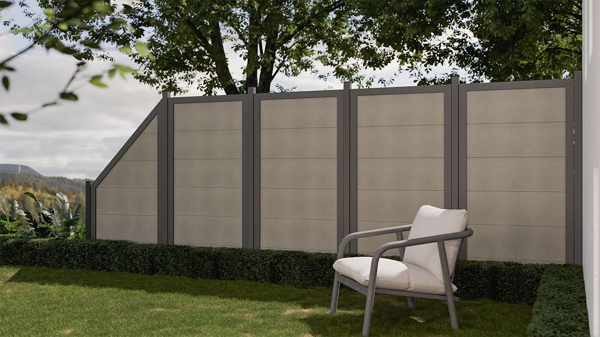 planeo Gardence Guard - BPC-Gartenzaun Hochkant Bi-Color Sand mit Alu-Rahmen in Anthrazit