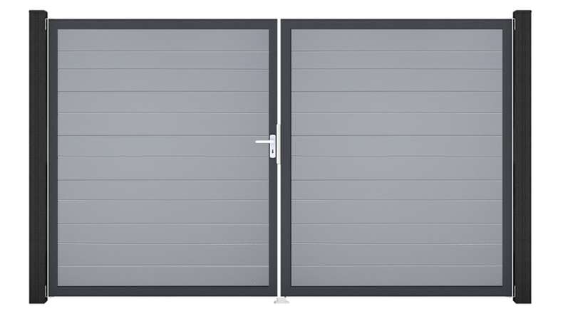 planeo Gardence Simply Small - Portail en PVC à deux vantaux, gris argenté, avec cadre en aluminium, 300 x 180 cm