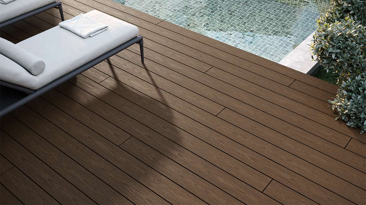 planeo CoEXWood WPC Terrassendiele Massiv ummantelt - Hellbraun/Dunkelbraun 3m strukturiert