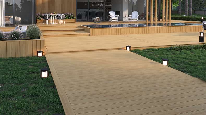 planeo WOODLine Nature - 3m WPC CoEx ummantelte Terrassendiele Verbundprofil leicht - Sand strukturiert/glatt gebürstet