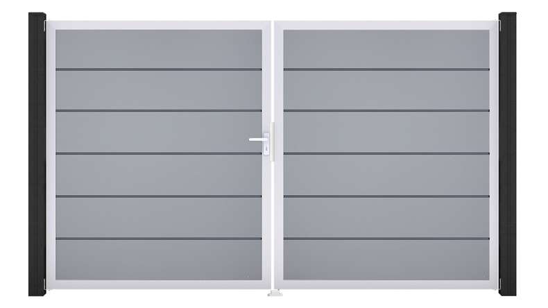 planeo Gardence Simply Premium - PVC-Tor - DIN Links 2-flügelig Silbergrau mit Silber-Alurahmen | EV1 300 x 180 cm