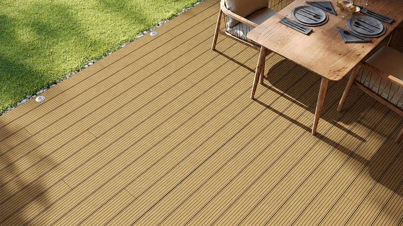 Lame de terrasse planeo LineWood en WPC massif - Brun terre, 3 m, rainurée/languetée