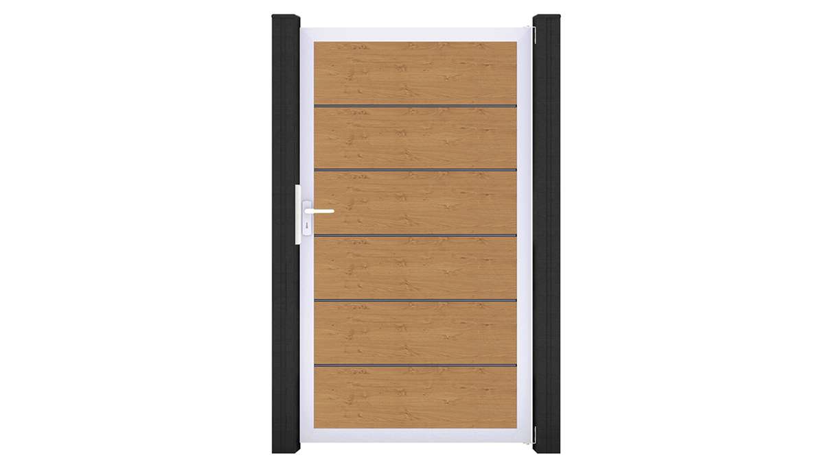 planeo Gardence Simply Premium - Cancello universale in PVC, finitura rovere naturale, con telaio in alluminio, 100 x 180 cm