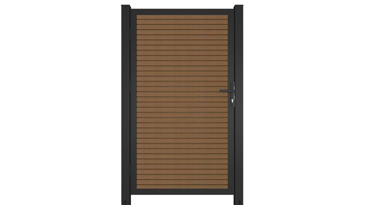planeo LINEA - Porta universale in WPC CoEx Rhombus Teak Burma con telaio in alluminio antracite 100 x 180 cm