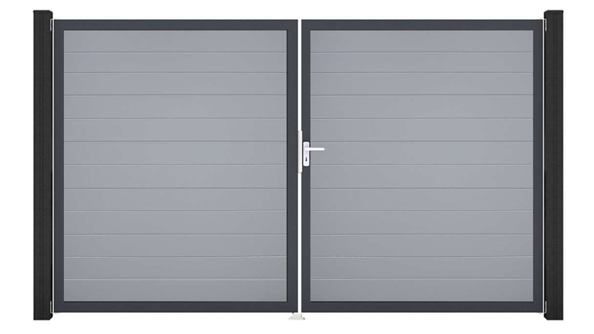 planeo Gardence Simply Small - Portail en PVC à deux vantaux, gris argenté, avec cadre en aluminium, 300 x 180 cm