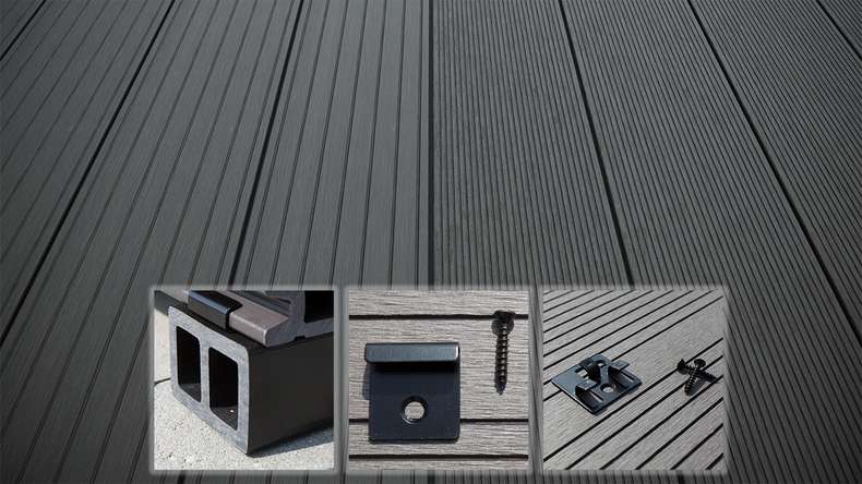 planeo LightWood Kit complet de terrasse WPC à lames creuses - gris foncé rainuré/cannelé