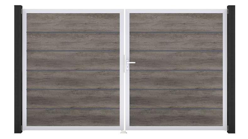 planeo Gardence Simply Premium - Porta in PVC - DIN destra 2 ante Monument Oak con telaio in alluminio argento | EV1 300 x 180 cm